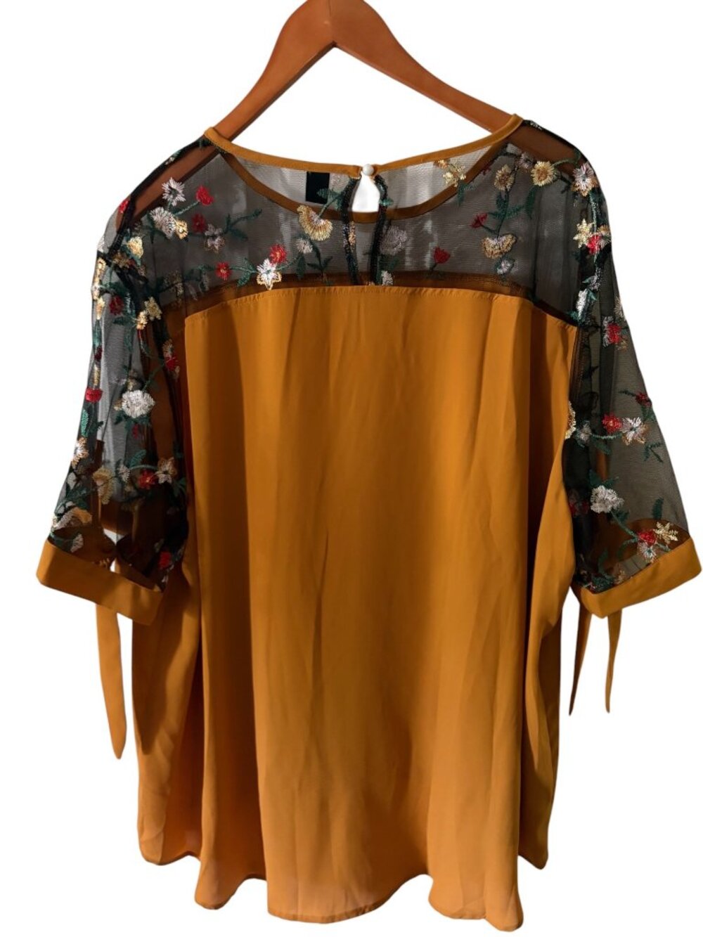 Women's Size 5XL Shein Curve Top Mustard Mesh Panel Embroidered Knot Sleeve Blou